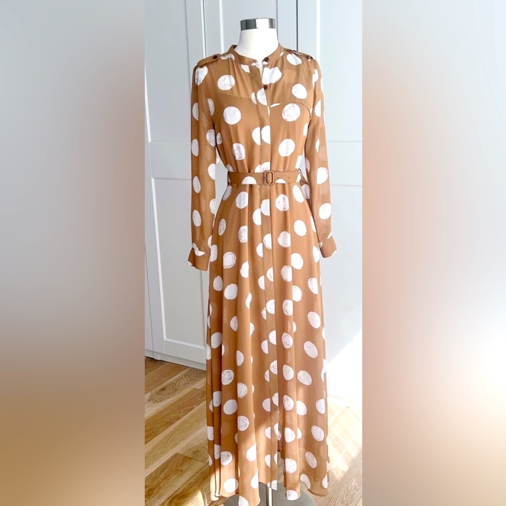 Polka Dot Maxi Shirt Dress with Belt - Camel/White